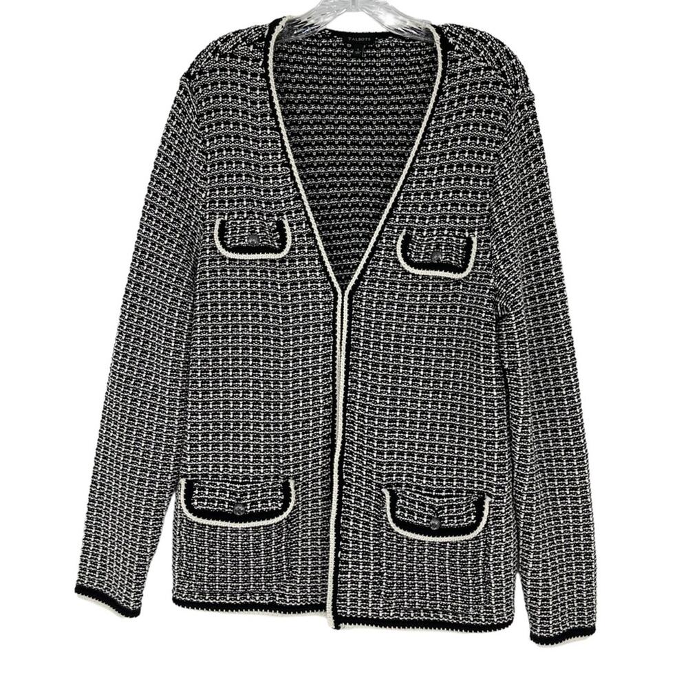 Talbots Black White Tipped Tweed Sweater Blazer Size Large Boucle Quiet Luxury
